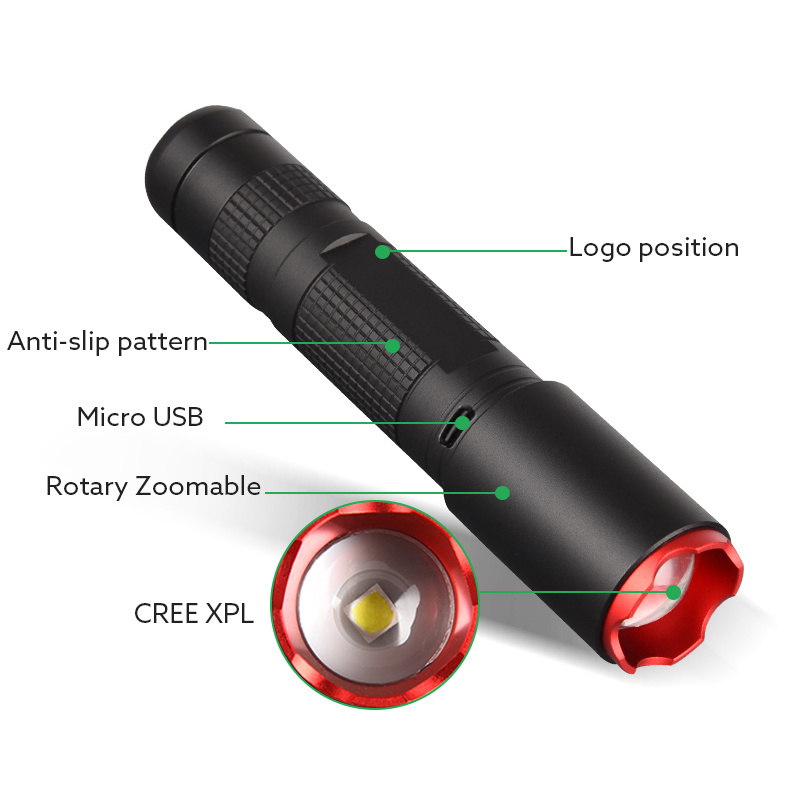 Aluminum Alloy 600lm Micro USB Rechargeable LED Tactical Flashlight XPL 10Watt Zoomable LED Flashlight for Outdoor