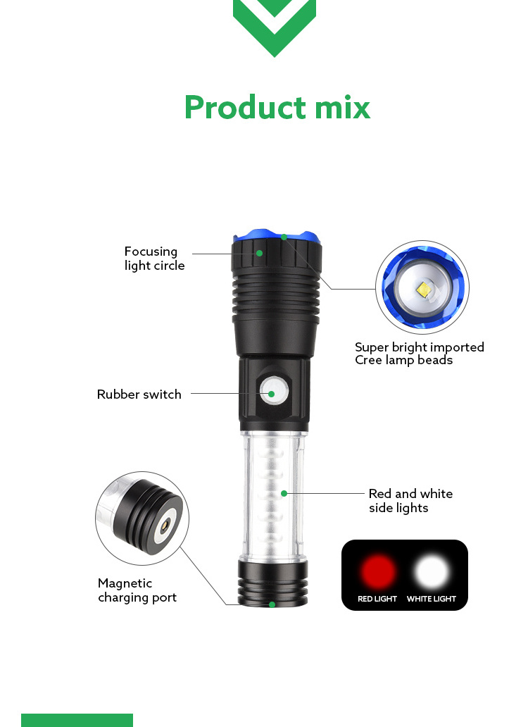 Aluminum 18650 li-ion magnetic charging connector portable 500LM metal work flashlight zoom rechargeable flashlight & torch