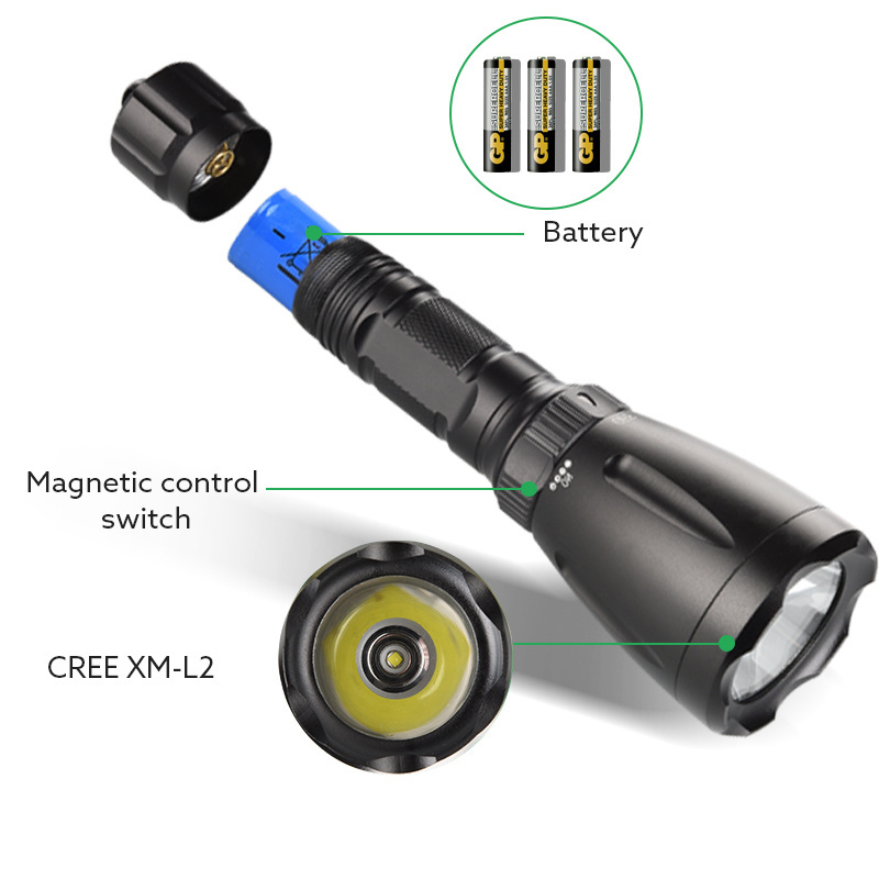 Best price IP68 Rating high power Aluminum Alloy XM-L2 T6 10w fishing torch Waterproof underwater diving flashlight