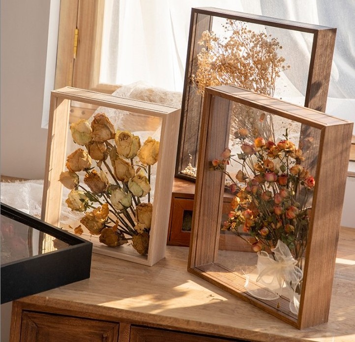 Double Sided Glass Picture Floating Photo Frame Transparent Wooden Wall Art Three-dimensional specimen frame for storing flower