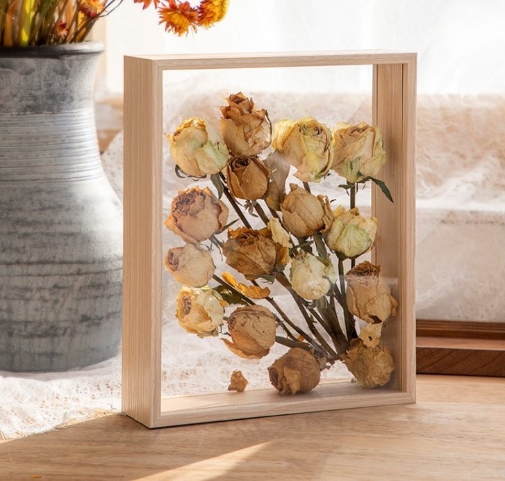 Double Sided Glass Picture Floating Photo Frame Transparent Wooden Wall Art Three-dimensional specimen frame for storing flower