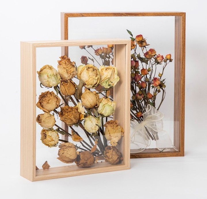 Double Sided Glass Picture Floating Photo Frame Transparent Wooden Wall Art Three-dimensional specimen frame for storing flower