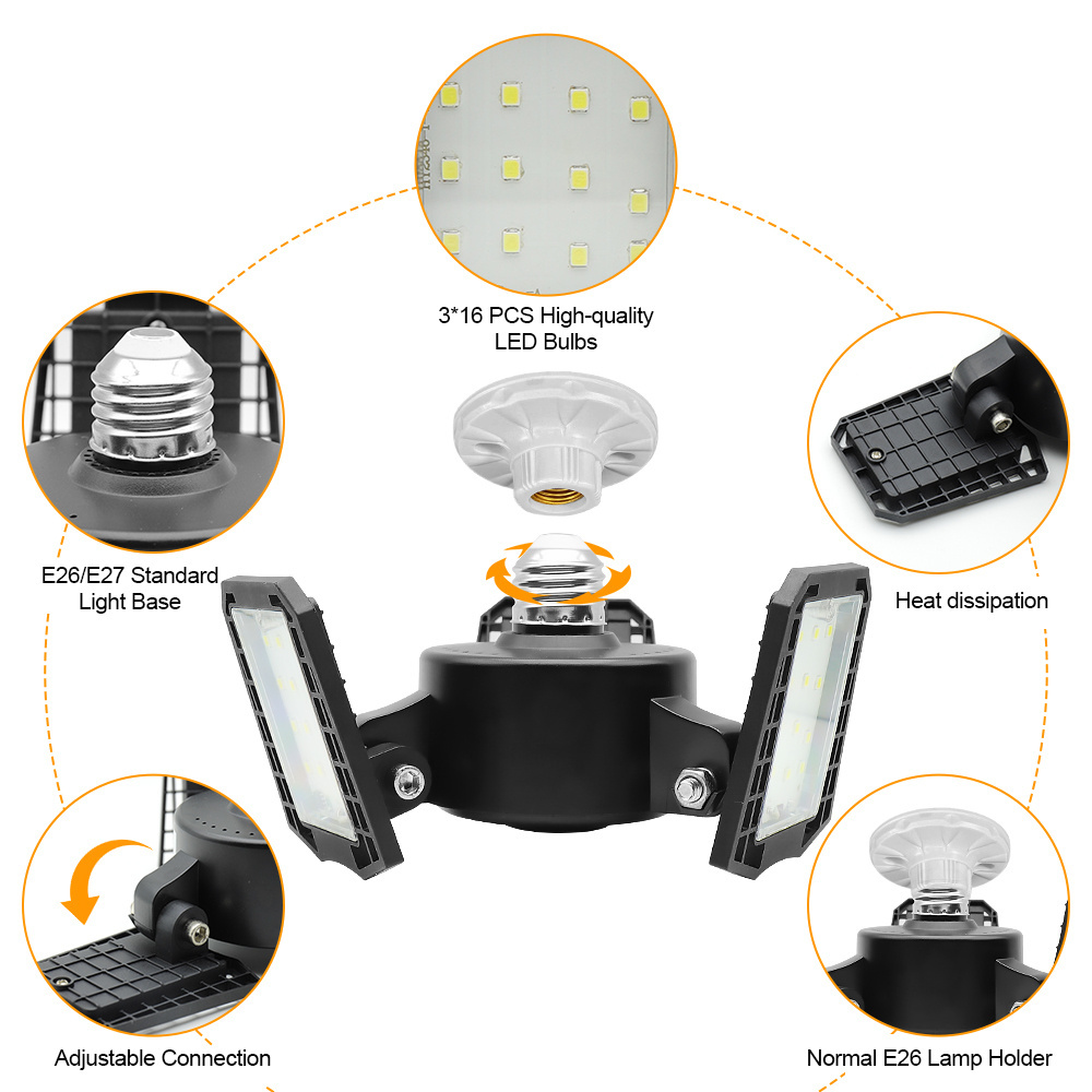 3000LM 6500K Super Bright with 3 Adjustable Panels E26/E27 Screw Deformable microwave induction led garage work lighting