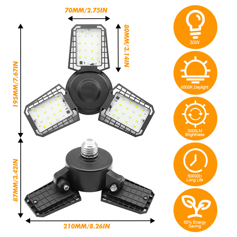 3000LM 6500K Super Bright with 3 Adjustable Panels E26/E27 Screw Deformable microwave induction led garage work lighting