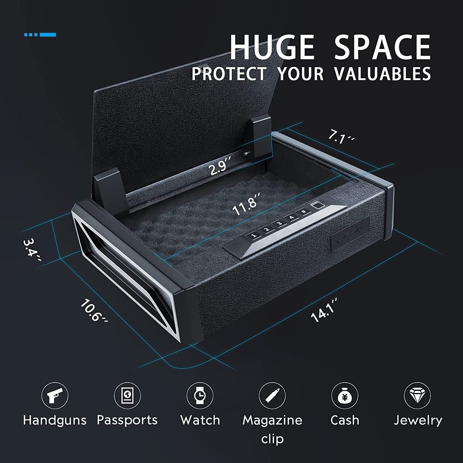 2023 New Product Fingerprint Safe Box Hand Gun Safe Box High Steel Electronic Quick Access Portable Biometric Safe Box