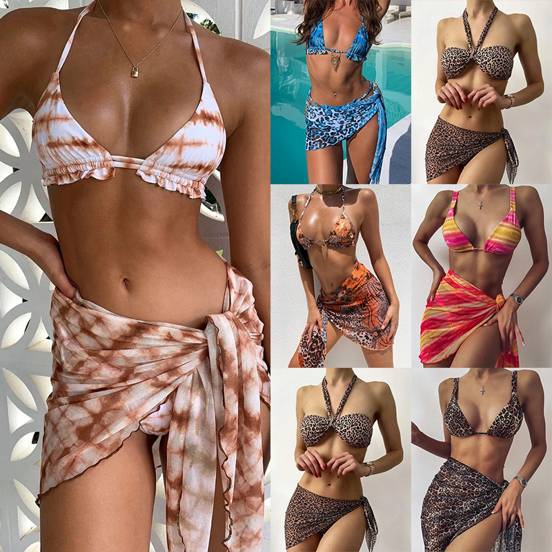 High Waist Sexy African Halter Tribal Print Knot Beach Sarong Bikini Swimsuit Wrap Women Swimwear Pleated Skirt Bikini For Women