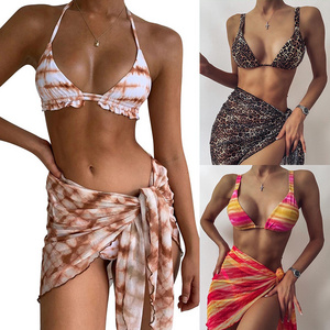 High Waist Sexy African Halter Tribal Print Knot Beach Sarong Bikini Swimsuit Wrap Women Swimwear Pleated Skirt Bikini For Women