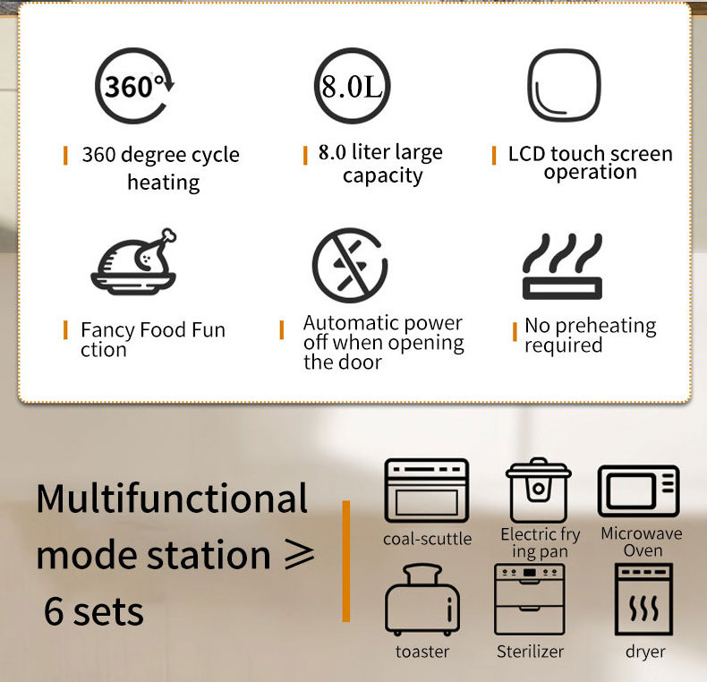 8l Freidora De Aire Clamshell 1350W Halogen Oven 6 In 1 Air Fryer Home Use Multifunctional Cooker