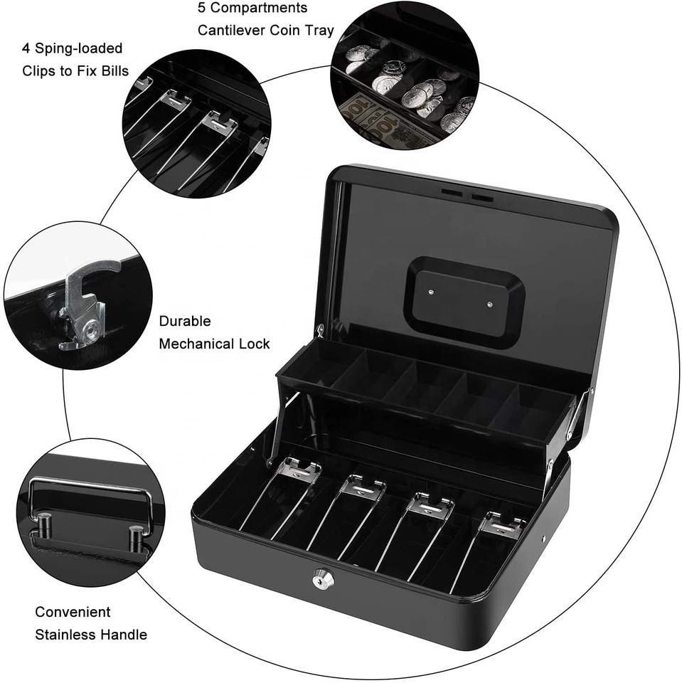 Security Cable Large Metal Key Locking Cash Box with Money Tray