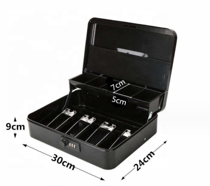 Security Cable Large Metal Key Locking Cash Box with Money Tray