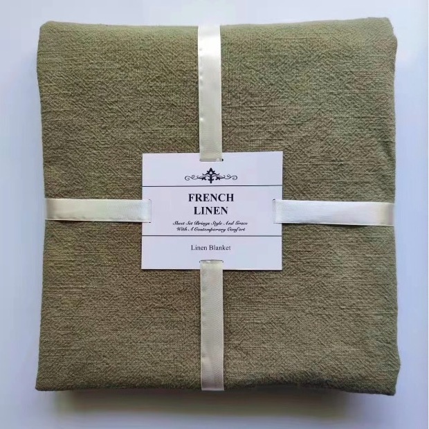 Wholesale High Quality French Flax Linen Cotton Army Green Blanket With Tassels