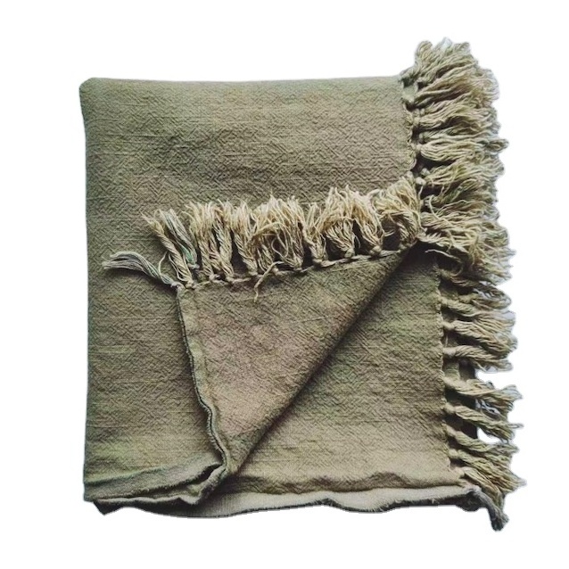 Wholesale High Quality French Flax Linen Cotton Army Green Blanket With Tassels