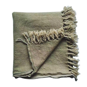 Wholesale High Quality French Flax Linen Cotton Army Green Blanket With Tassels