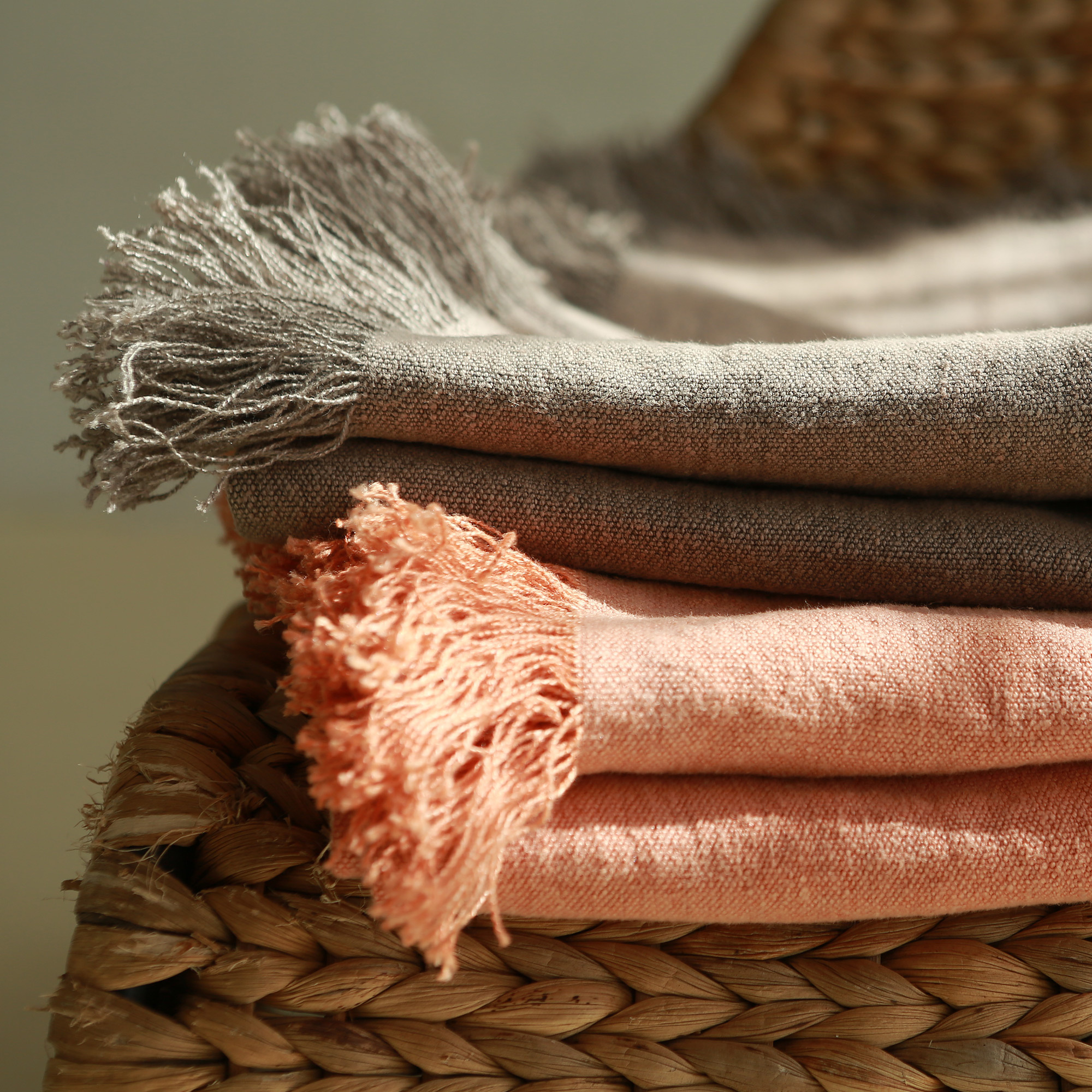 Linen Throw Blanket in orange basket weave linen fringed European linen