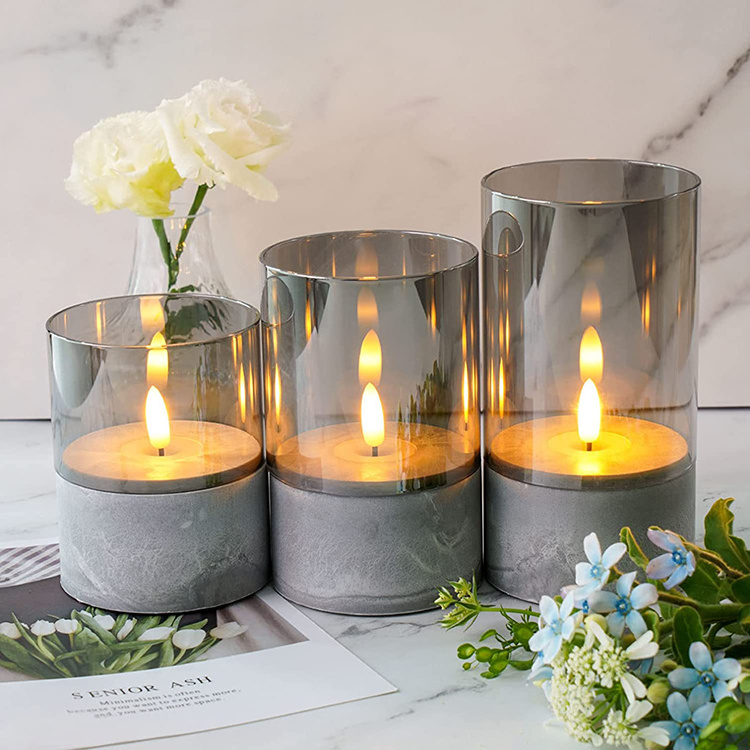 Home Decoration Flameless LED Candle Moving Flame Clear Glass LED Candle Light Electronic Candles Pillar With Timer Function