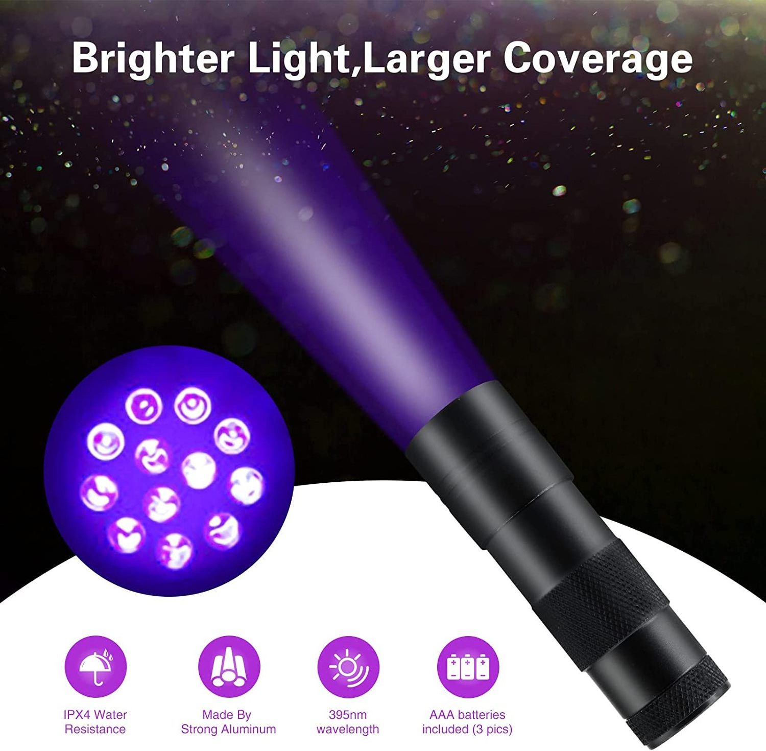 Black Light Flashlight 12 LED Small UV Lights 395nm Portable Black Light Urine Detector for Dog Cat Pet Urine Stain UV Torch