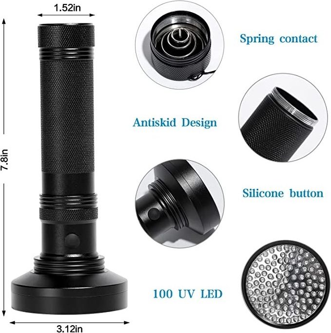 Outdoor High Power 100 LED 395 nm Aluminum UV Flashlight Detector for Pet Urine Stains Bed Bug and Scorpions Flashlight