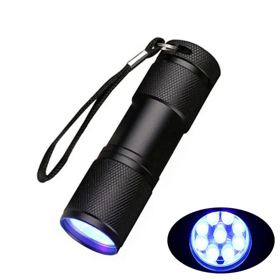 Promotion Gift Low Price 9 LED UV 365nm Portable Black Flashlight Mini Keychain Torch 3xAAA Powered 9 LEDs Flashlight