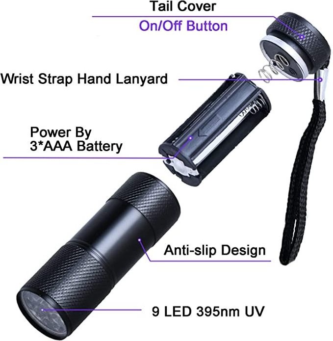 Promotion Gift Low Price 9 LED UV 365nm Portable Black Flashlight Mini Keychain Torch 3xAAA Powered 9 LEDs Flashlight