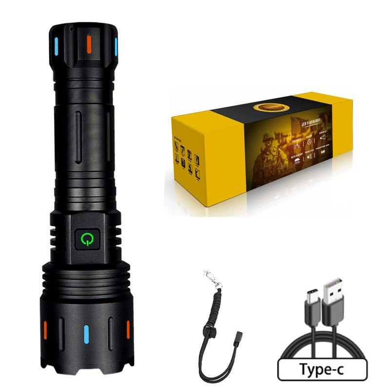 Super Bright Long Range Flashlight with Luminous Strips 30W LED Type C USB Charging 5 Modes Zoomable Outdoor Emergency Torch