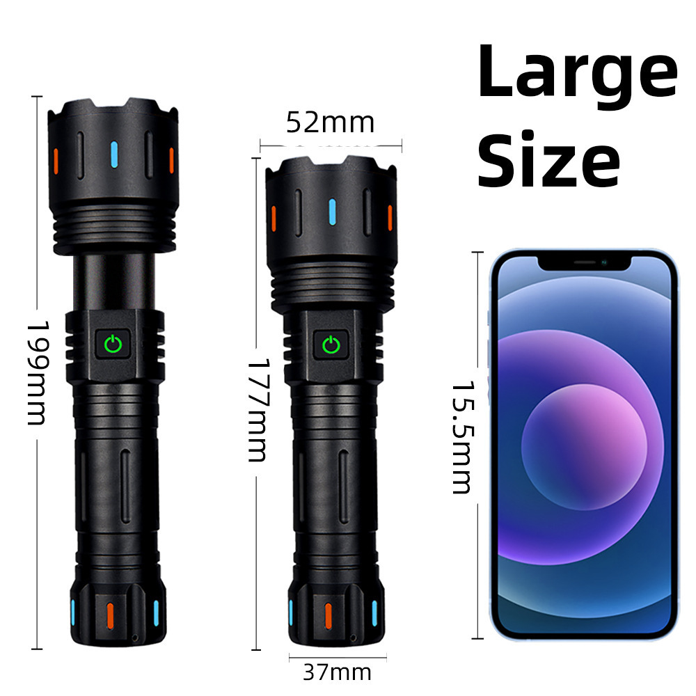 Super Bright Long Range Flashlight with Luminous Strips 30W LED Type C USB Charging 5 Modes Zoomable Outdoor Emergency Torch