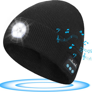 Hot Sales 2023 Custom Beanie 5 LED Bluetooth Hat Lighted Beanie Cap USB Rechargeable Flashlight Hat Warm Winter Knitted Hat