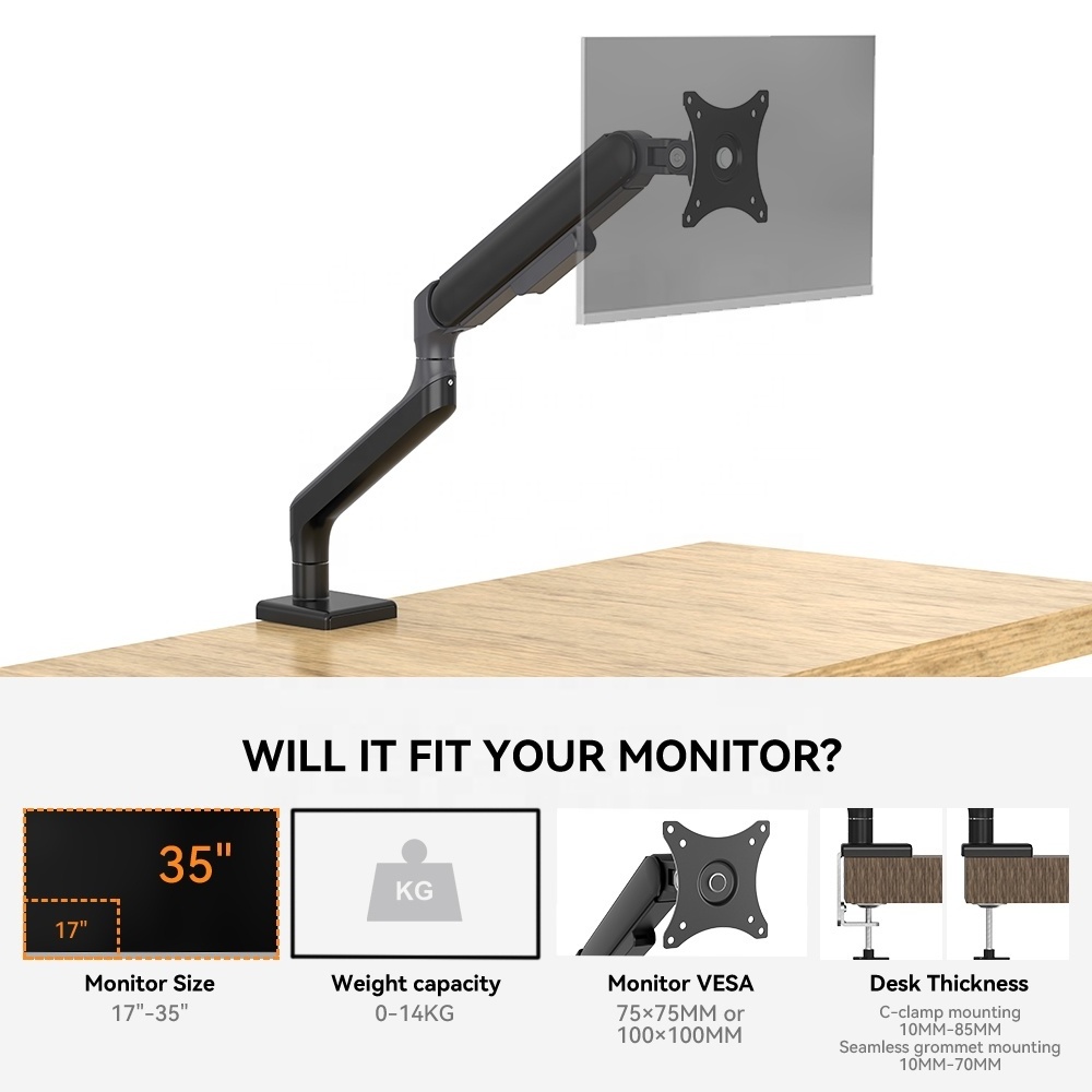 Factory Universal Black Single Monitor Desk Mount Holder Stand for 17-35inch Computer Screen up to 28.6 lbs