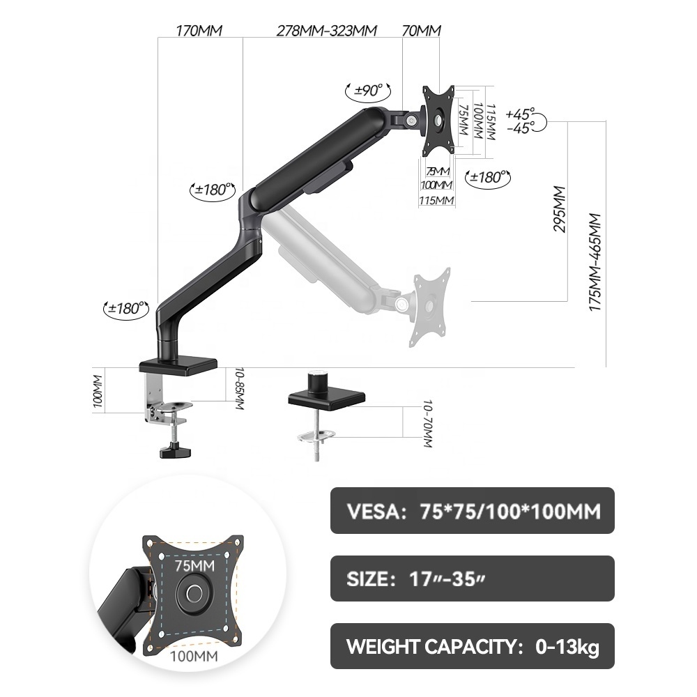 Factory Universal Black Single Monitor Desk Mount Holder Stand for 17-35inch Computer Screen up to 28.6 lbs