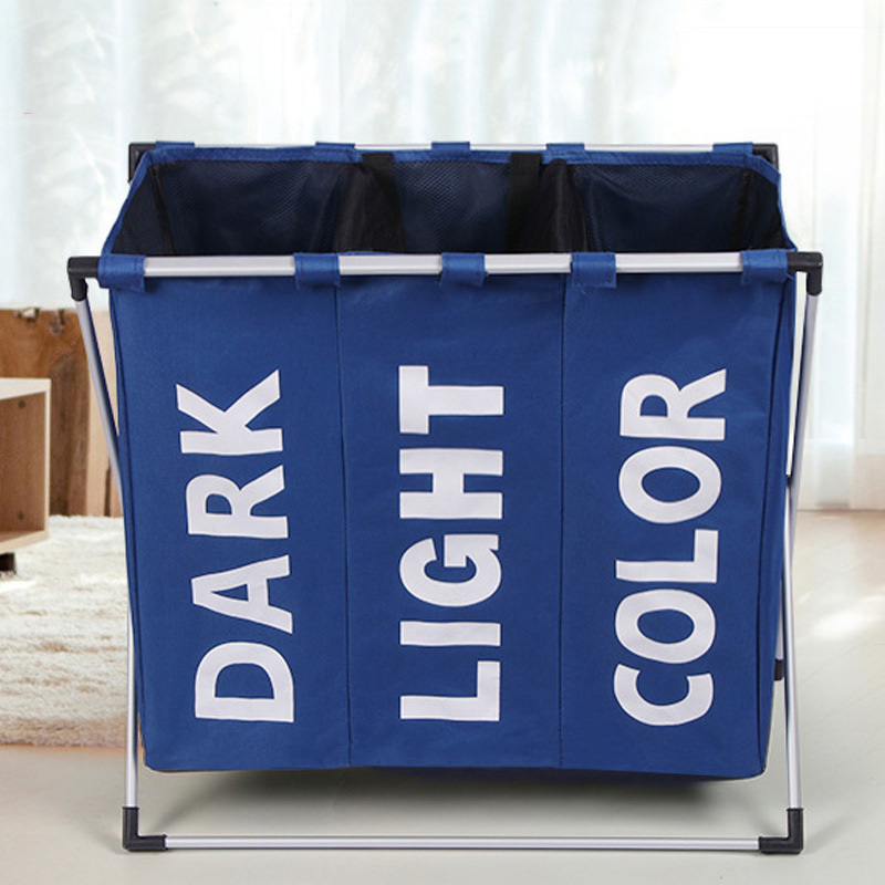 Home 3 Sections Aluminum Frame Foldable Durable Dirty Clothes Laundry Hamper Basket laundry bag