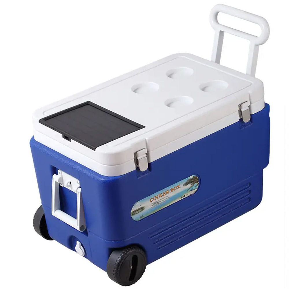 60L Insulation Large Outdoor Portable Cooler Box Solar Panel Plastic Ice Box Coolers Ice Cooler With Wheels