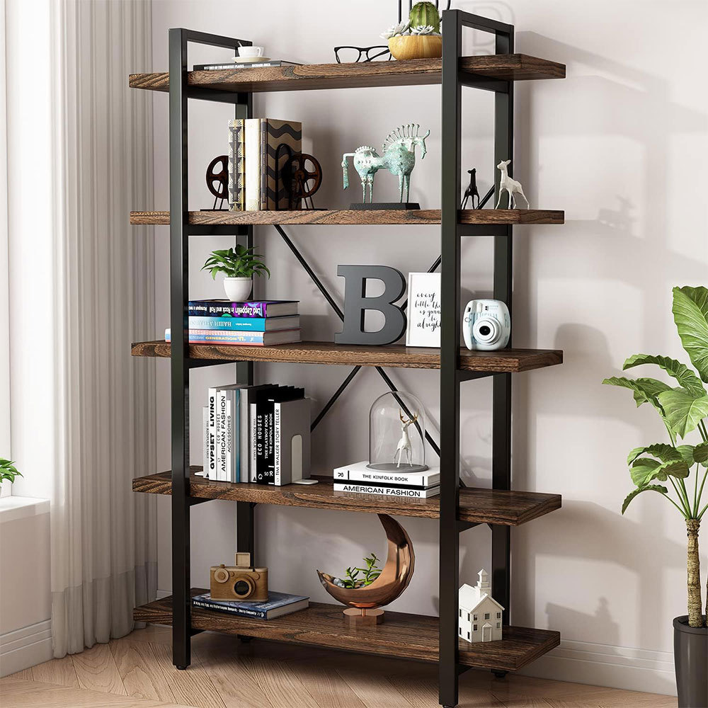 NBHY Industrial Modern Library Bookcase Show Shelves Wooden Open Display Rack Bookshelf for Living Room