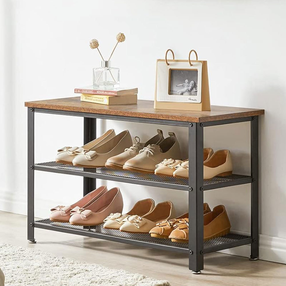 NBHY Industrial Living Room Furniture Steel Frame Shoes Cabinet 3-Tiers Storage Shoe Rack with Bench for Entryway