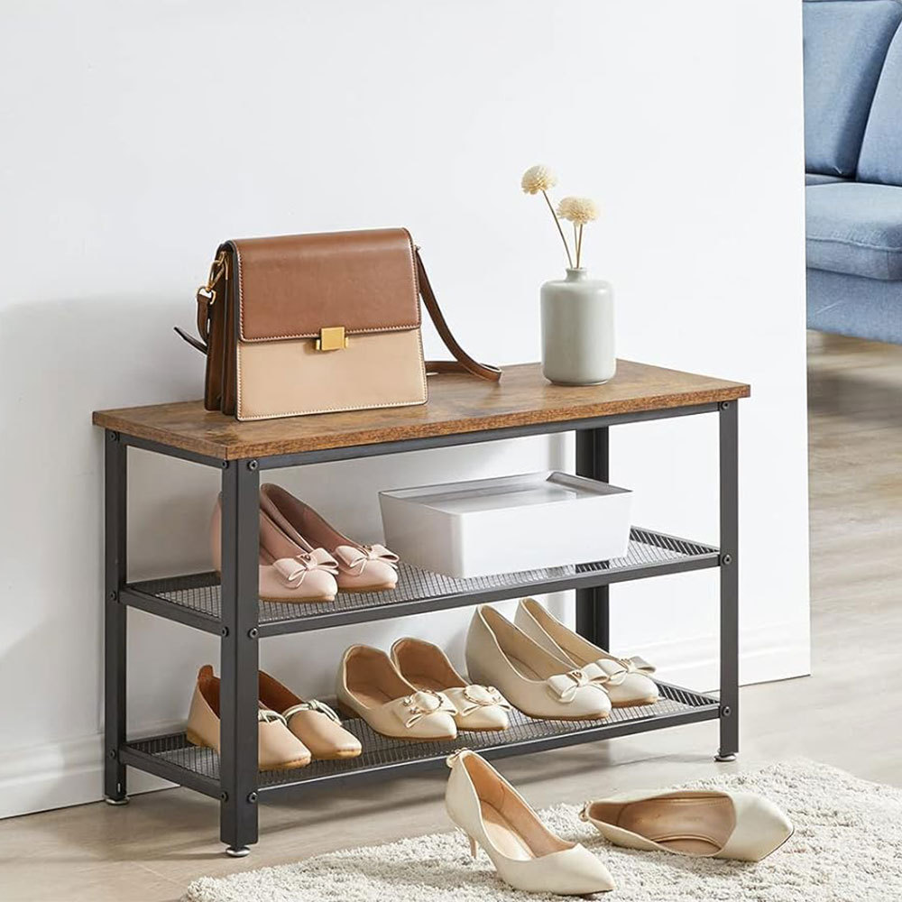 NBHY Industrial Living Room Furniture Steel Frame Shoes Cabinet 3-Tiers Storage Shoe Rack with Bench for Entryway