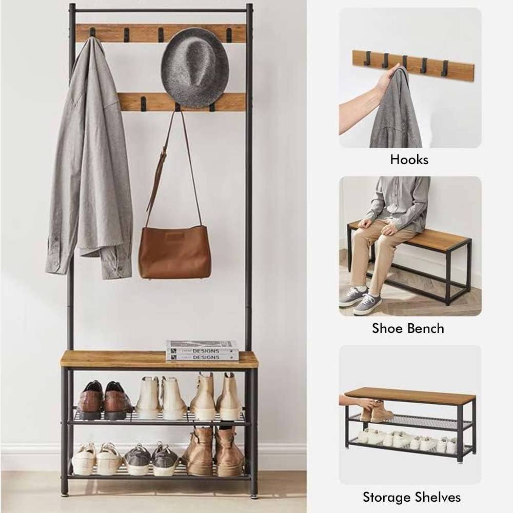 NBHY 3-In-1 Easy Assembly Entryway Hallway Furniture Hat Clothes Hanging Stand Coat Rack with Shoe Bench