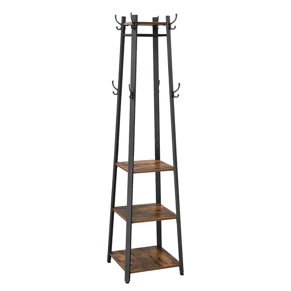 NBHY Industrial Hall Tree Freestanding Corner Hat Coat Rack Cloth Hanging Stand with 3 Layers Storage Shelves