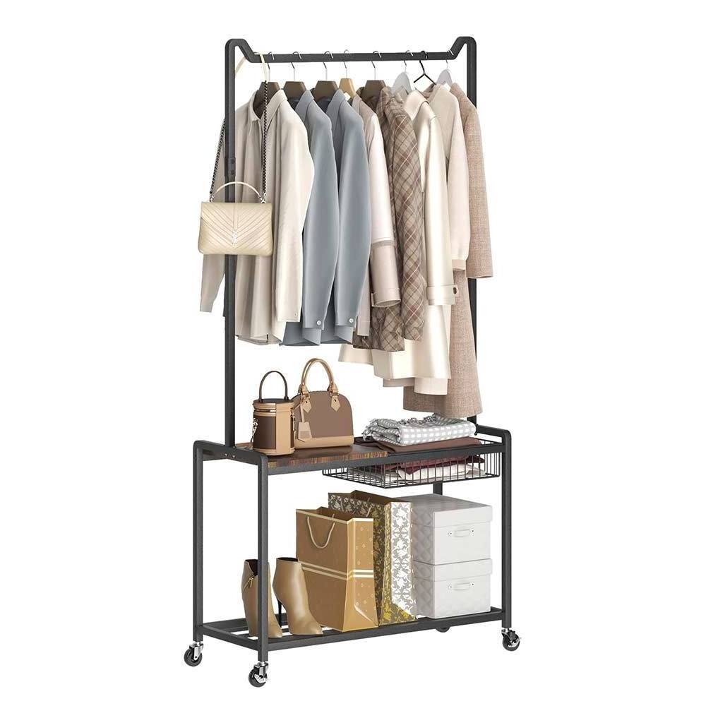 NBHY 3-In-1 M-Shaped Hanger Rolling Clothing Stand Coat Rack with Shoe Rack Bench and Basket Storage