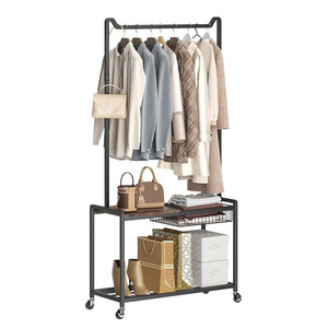 NBHY 3-In-1 M-Shaped Hanger Rolling Clothing Stand Coat Rack with Shoe Rack Bench and Basket Storage