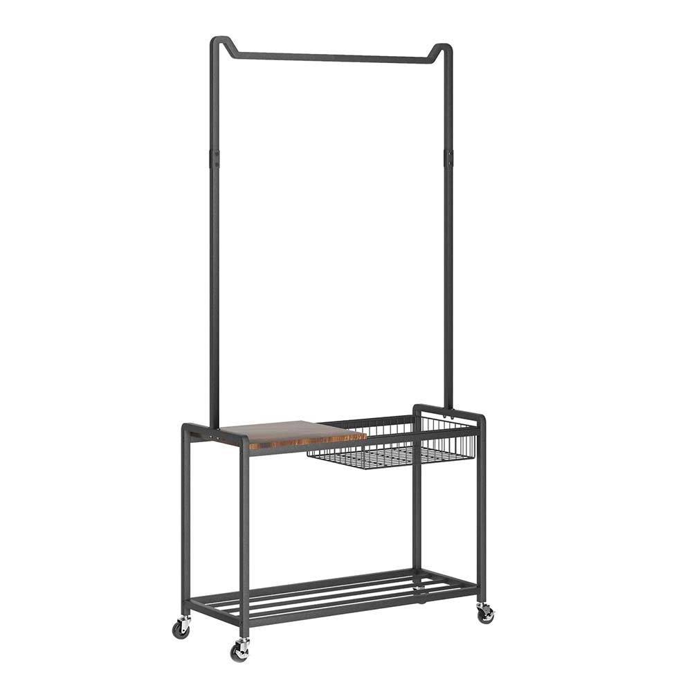 NBHY 3-In-1 M-Shaped Hanger Rolling Clothing Stand Coat Rack with Shoe Rack Bench and Basket Storage