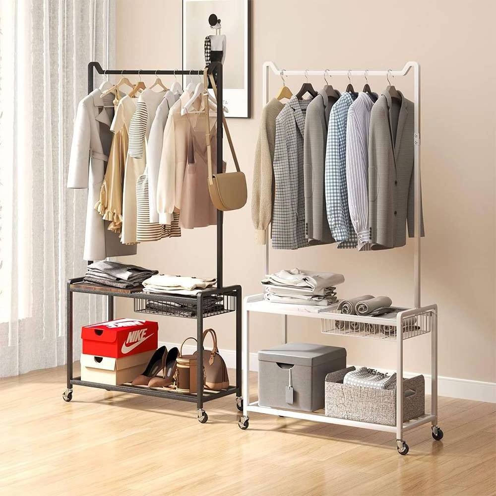 NBHY 3-In-1 M-Shaped Hanger Rolling Clothing Stand Coat Rack with Shoe Rack Bench and Basket Storage