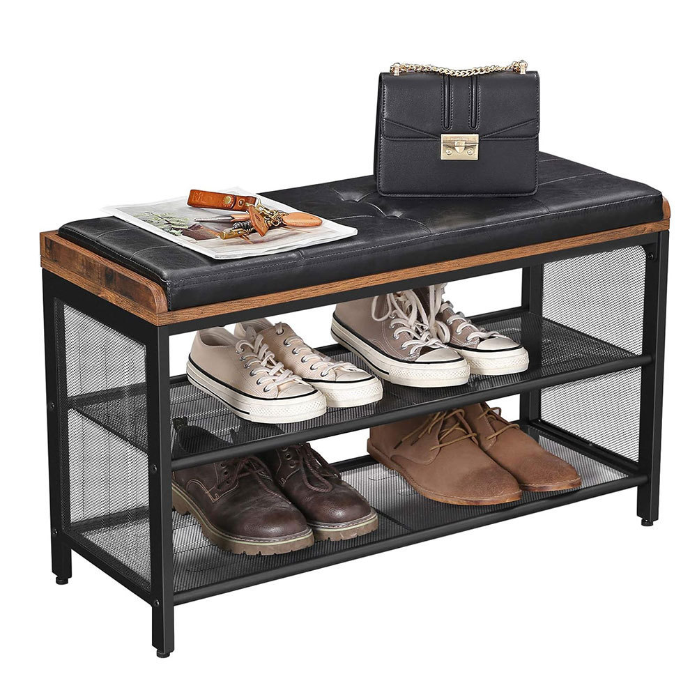 NBHY Wholesale Home Entryway Padded Storage Shoe Bench Hallway Shoe Rack with Imitation Leather and Mesh Shelves