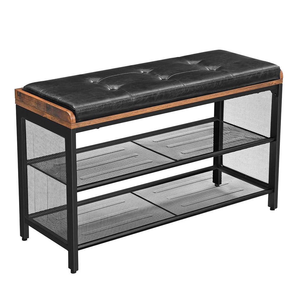 NBHY Wholesale Home Entryway Padded Storage Shoe Bench Hallway Shoe Rack with Imitation Leather and Mesh Shelves