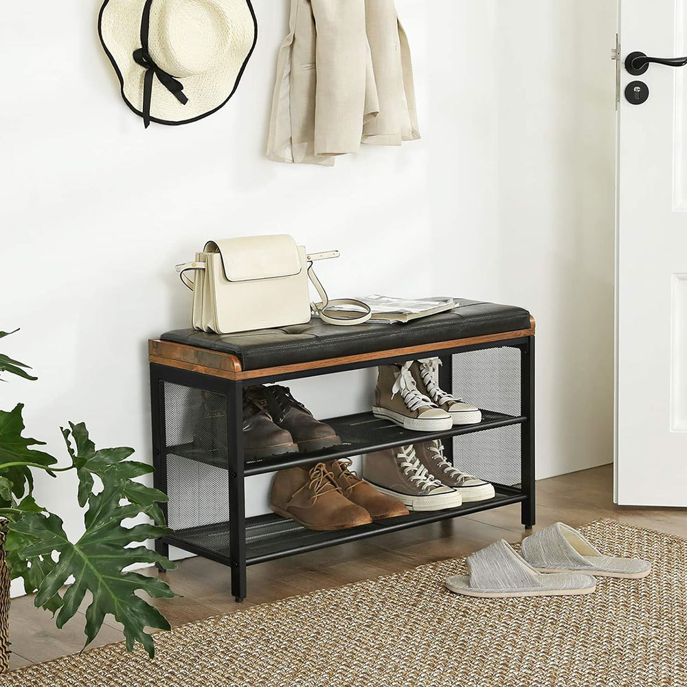 NBHY Wholesale Home Entryway Padded Storage Shoe Bench Hallway Shoe Rack with Imitation Leather and Mesh Shelves