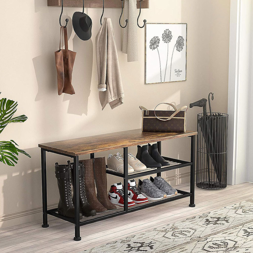 NBHY Industrial Metal and Wood 3-Tiers Storage Display Shoe Rack Stand with Wood Bench