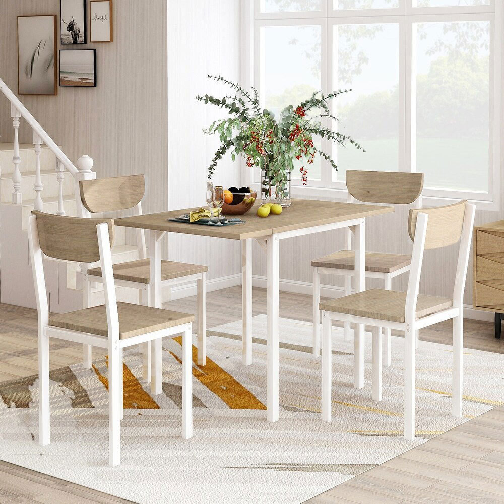 NBHY 5 Pcs Modern Rectangular Extendable Foldable Dining Room Table Set with 2 Drop Leaf and 4 Chairs