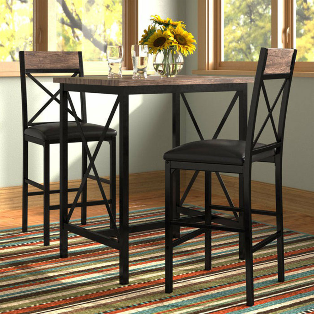 NBHY Classic Design Kitchen High Dining Table Two Pu Chaires Pub Counter Bar Table Set with 2 High Back Stools