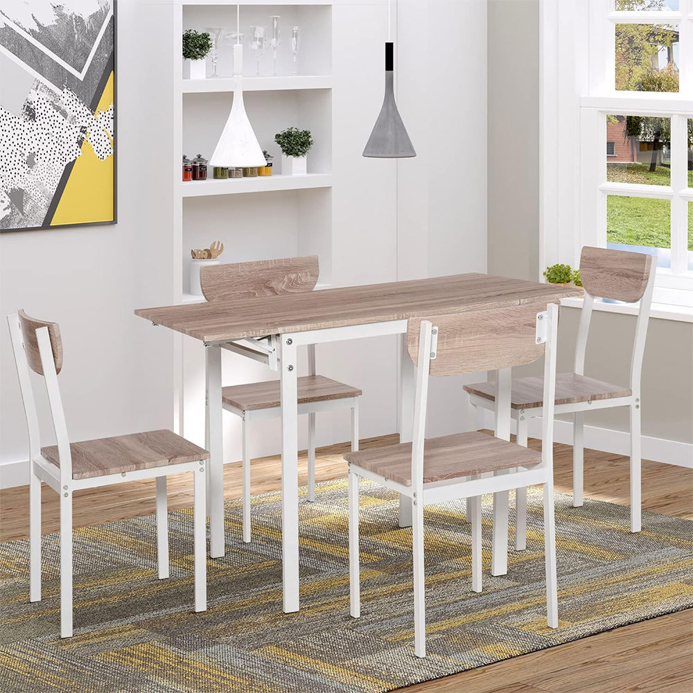 NBHY 5 Pcs Modern Rectangular Extendable Foldable Dining Room Table Set with 2 Drop Leaf and 4 Chairs