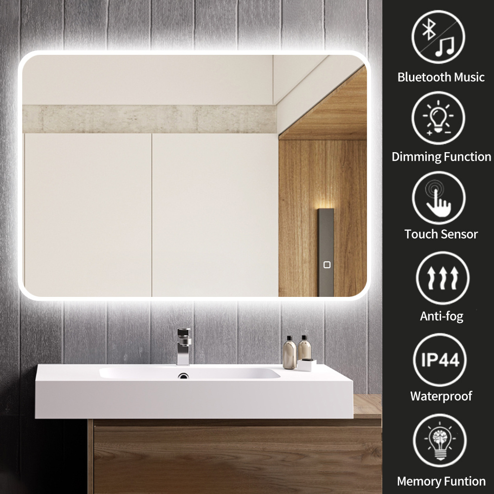 Manufacture Hot Sale Frameless Led lighted Bathroom Mirror rectangle touch sensor Bluetooth speakers smart mirror with led light