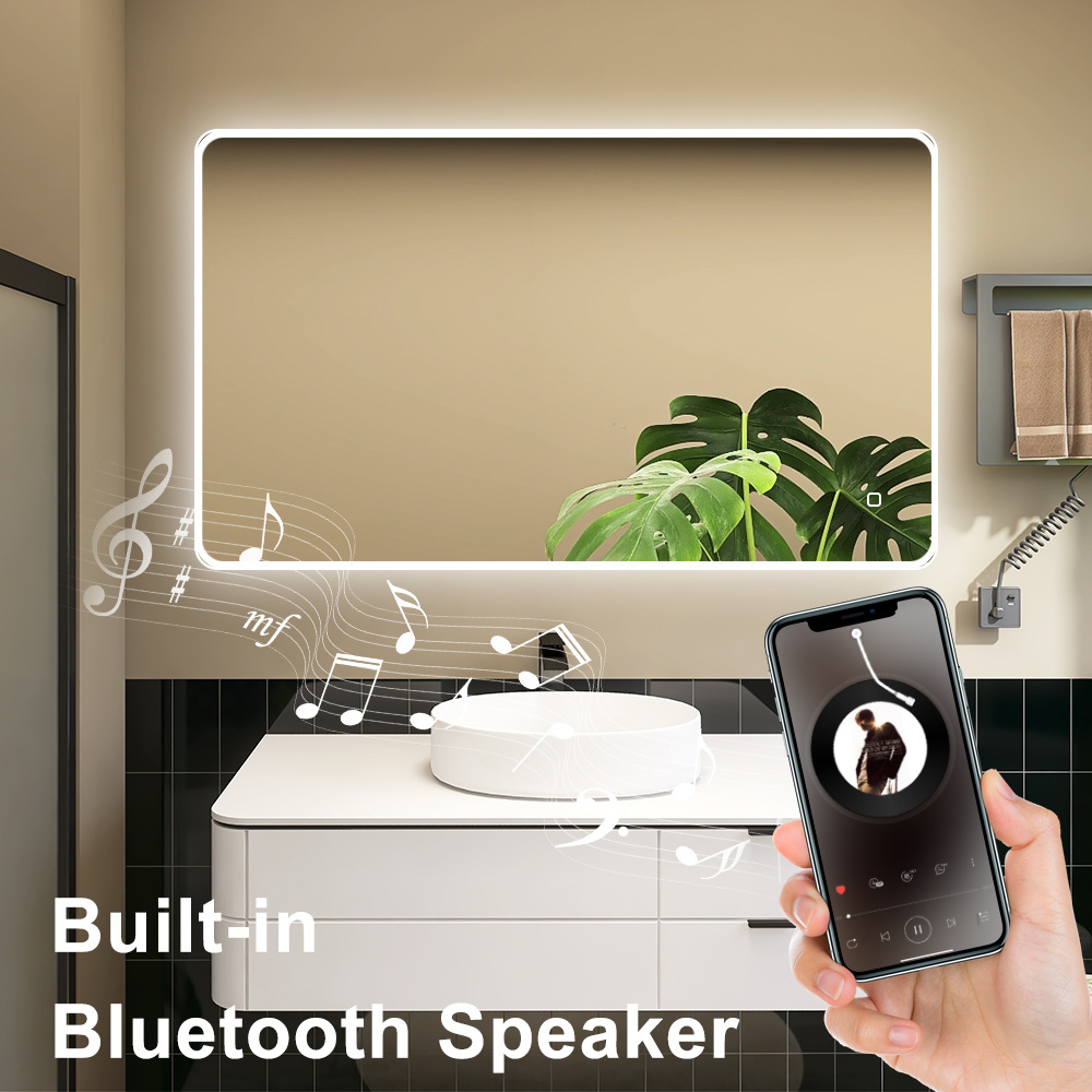 Manufacture Hot Sale Frameless Led lighted Bathroom Mirror rectangle touch sensor Bluetooth speakers smart mirror with led light