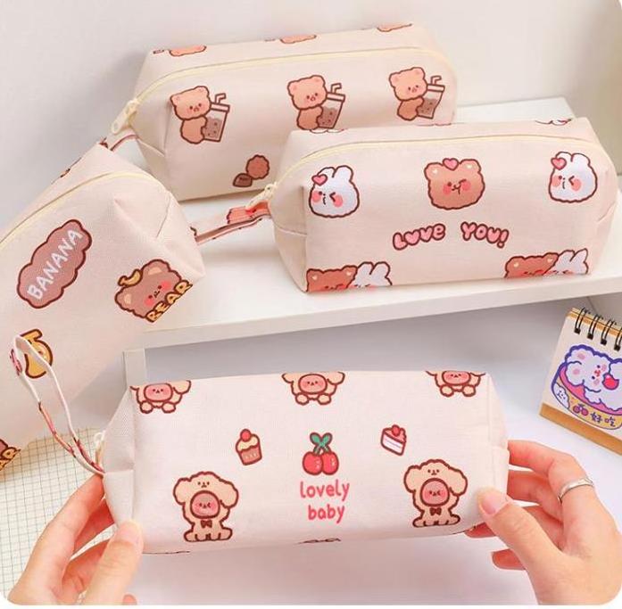 Large Capacity Cute Cartoon Bear Zipper Pencil Case Canvas for Children School Supplies Promotional Gift Pencilcase