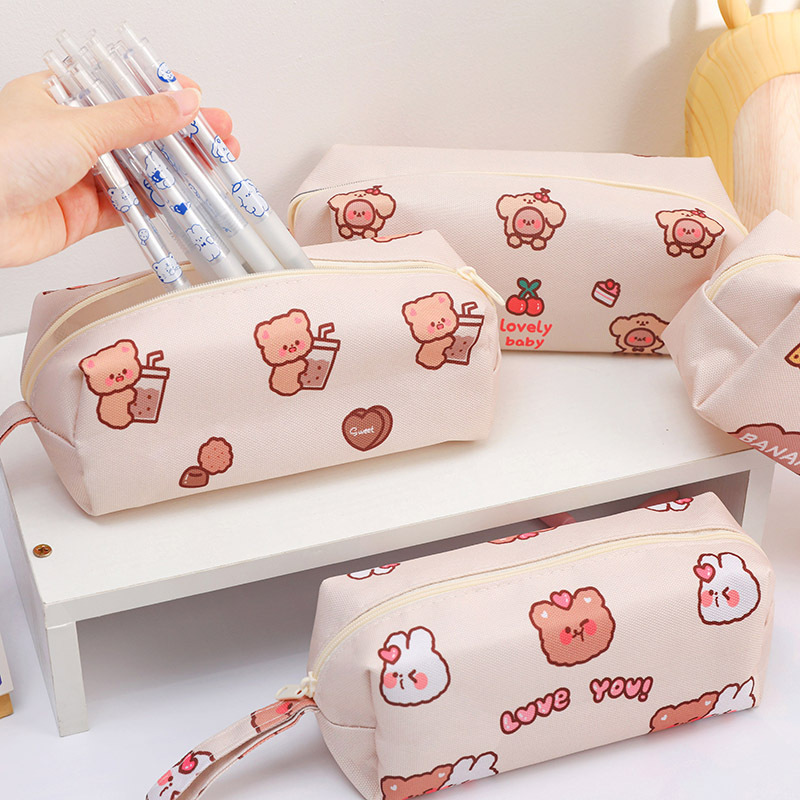 Large Capacity Cute Cartoon Bear Zipper Pencil Case Canvas for Children School Supplies Promotional Gift Pencilcase